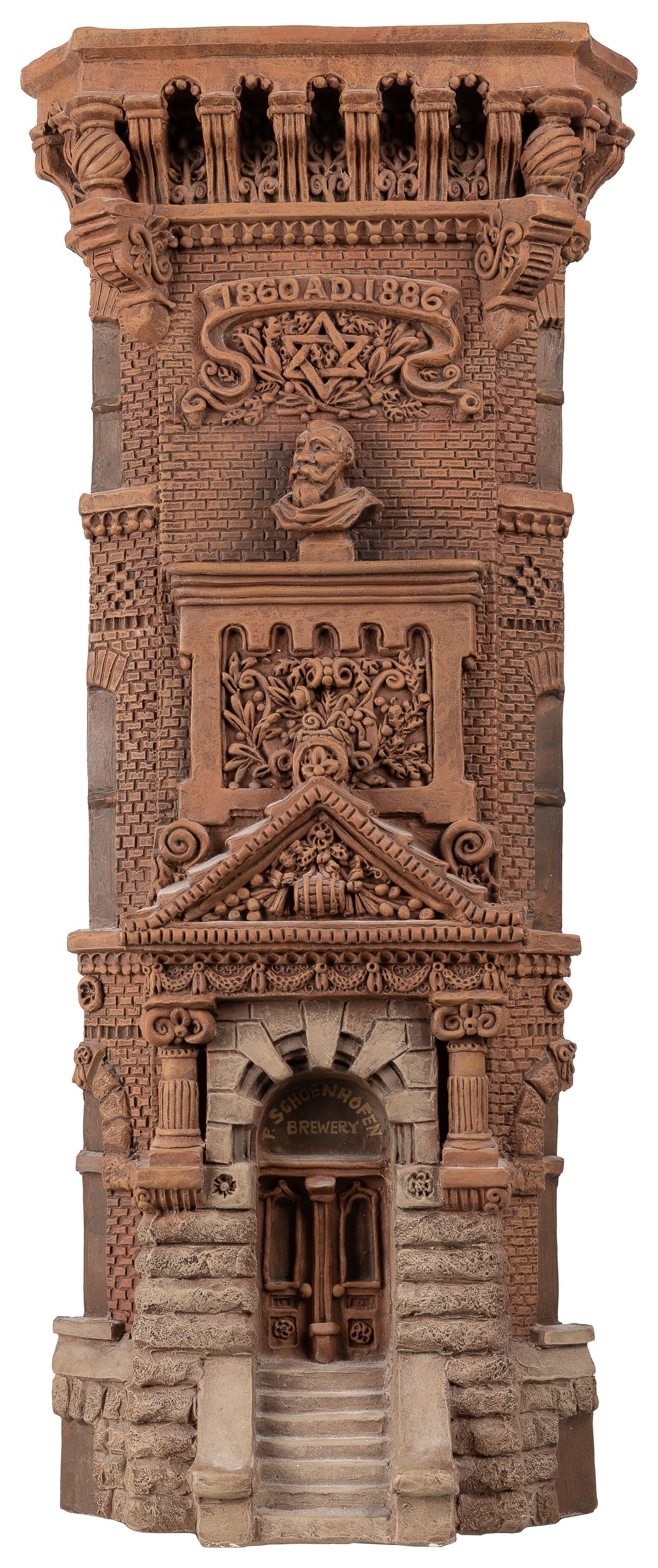 JACOBSEN, Zani (American, 1928 – 1993). P. Schoenhofen Brew...: JACOBSEN, Zani (American, 1928 – 1993). P. Schoenhofen Brewery. Cast plaster relief with paint. 24 ½ x 9 x 3 ½”. Incised signature to top edge. Artist’s label to verso. Han