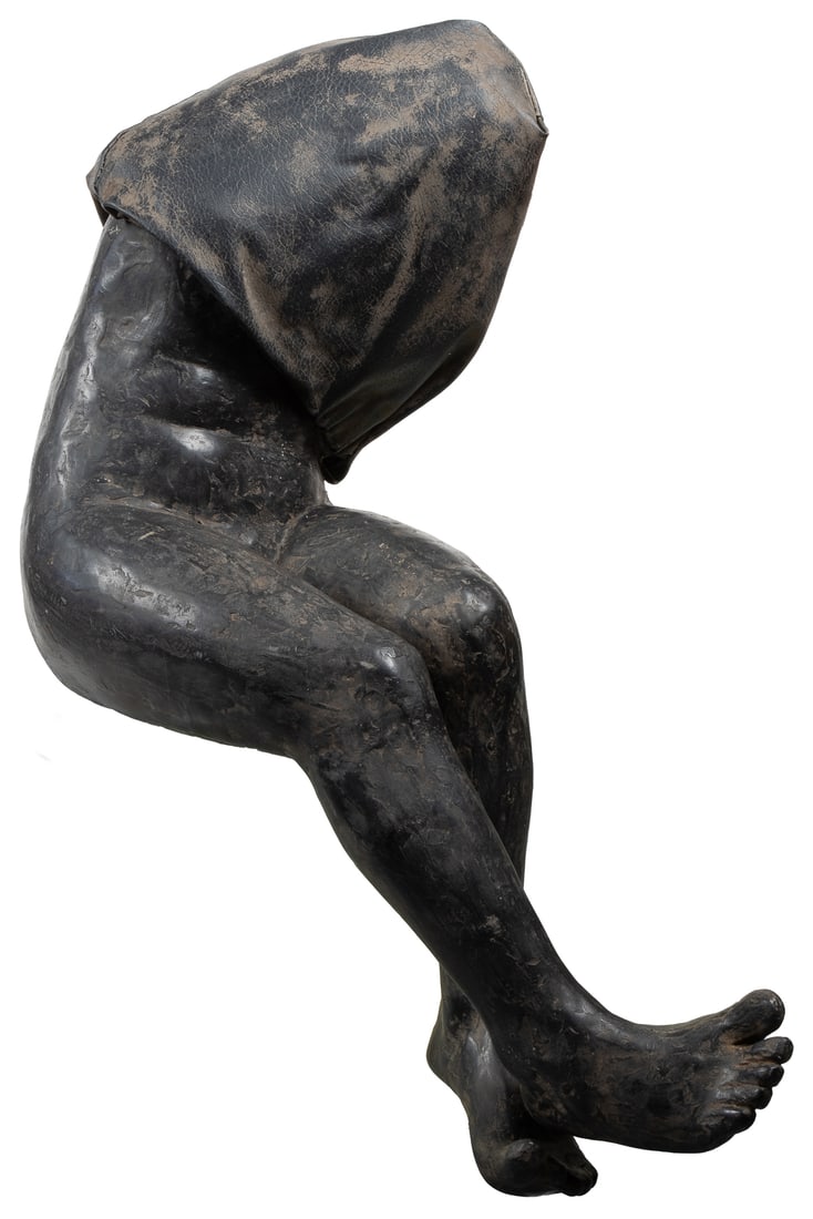 ADLER, Iris (American, 20th century). Surrealist Figurative...: ADLER, Iris (American, 20th century). Surrealist Figurative Sculpture. [Ca. 1980s]. Cast resin and Naugahyde. 33 h x 27 w x 14” d. This work is from a group of figurative sculptures made for the