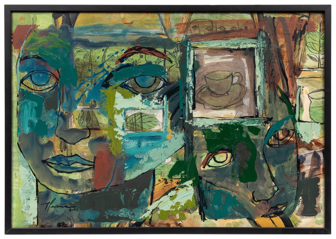PEREA, Pablo (Cuban, 20th century). 3 pm Cafe. 2003. Oil on...: PEREA, Pablo (Cuban, 20th century). 3 pm Cafe. 2003. Oil on canvas. Signed and dated lower left and titled verso. 23 x 33”. Frame: 24 x 34. Overall good condition.