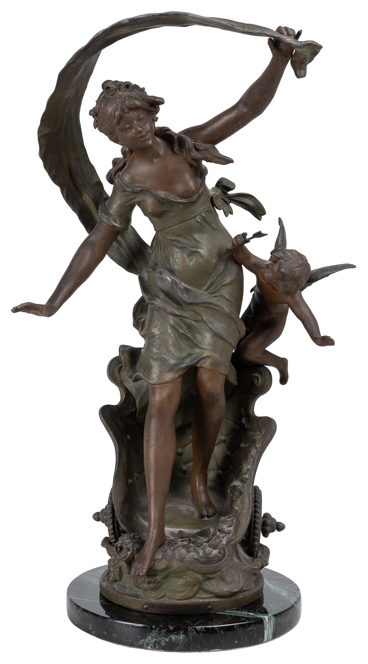 After MOREAU, Auguste (French, 1834-1917). Le Char De Jeune...: After MOREAU, Auguste (French, 1834-1917). Le Char De Jeunesse. Cast spelter sculpture. Twentieth century. Includes marble base. Evidence of paint overall. Felt on bottom interior. Approx 20 ½ h