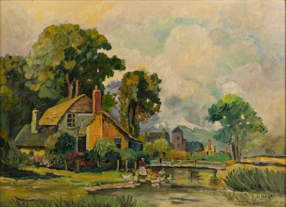 ARTIST UNKNOWN (American, 20th century). Feeding the Geese ... (1 of 2)