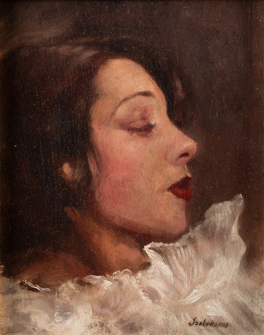 SZABADOS, Jeno (Hungarian, 1911-1942) Profile of a Woman. 1933.: SZABADOS, Jeno (Hungarian, 1911-1942) Profile of a Woman. 1933. Oil on panel. Signed and dated lower right. 10 x 8 ¼”. Frame: 15 ¼ x 13 ¼”. Very good condition. Not examined