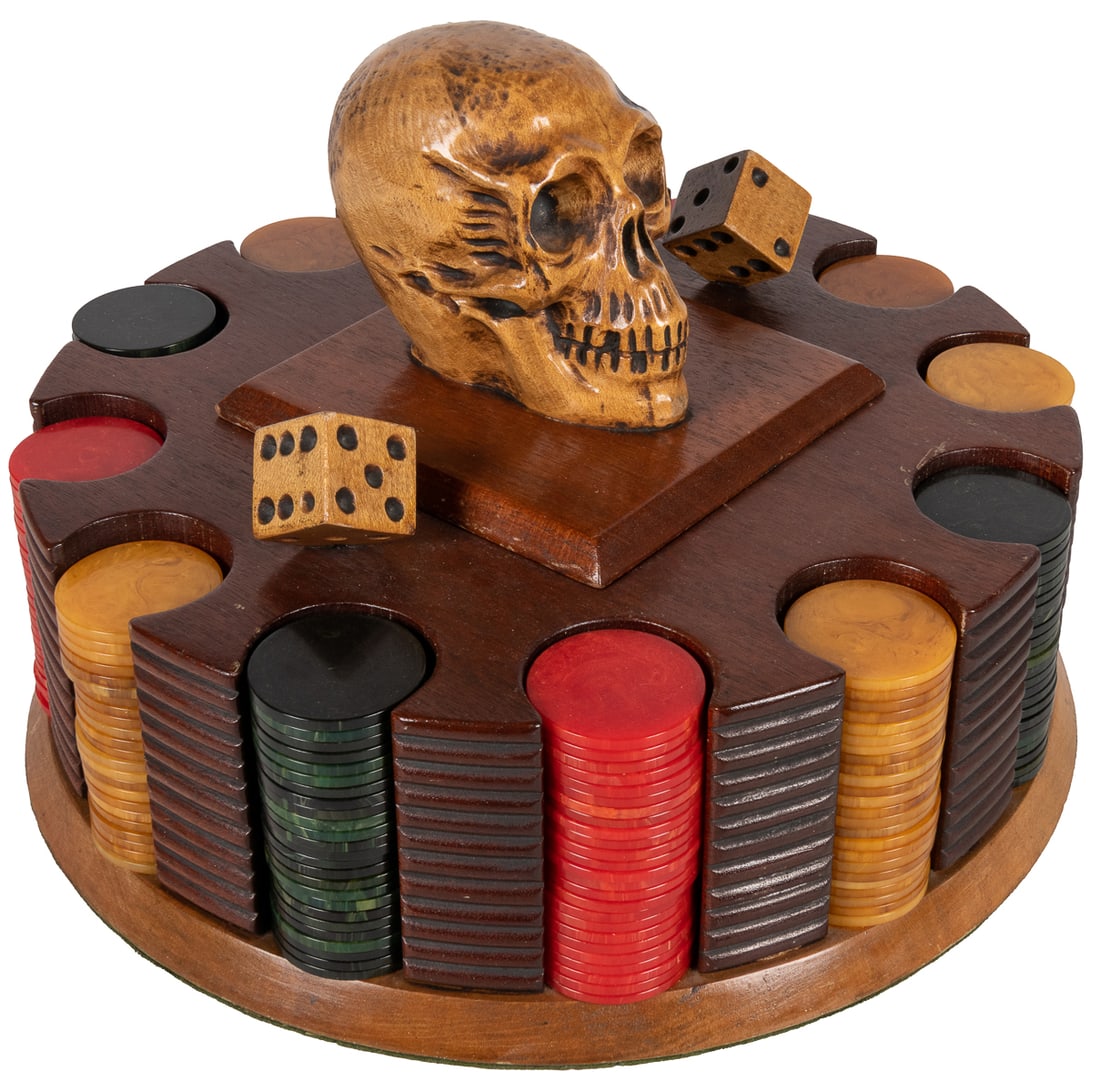 Bakelite Poker Chip Set with Skull and Dice Caddy. Set of a... (1 of 2)