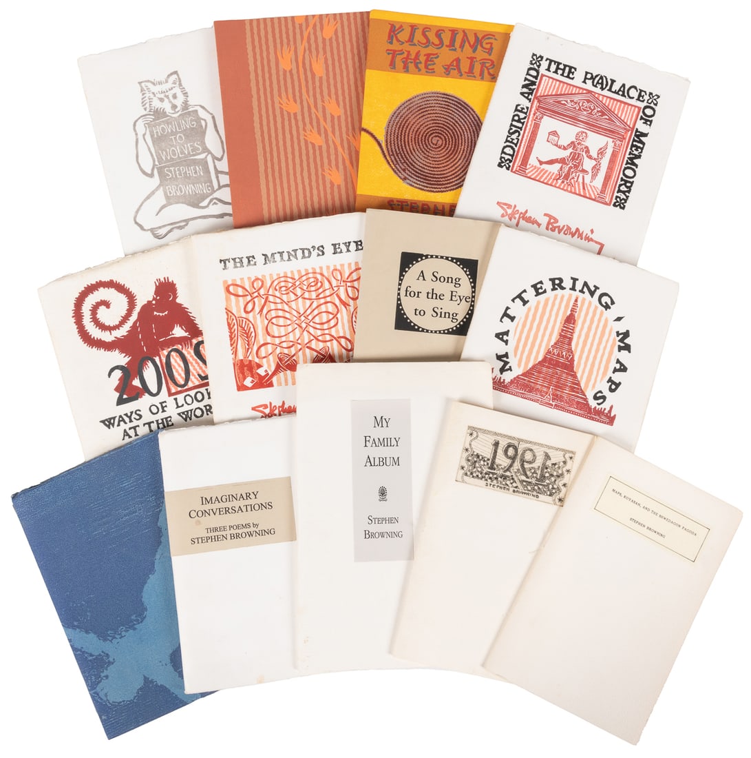 BROWNING, Stephen. Group of 13 Limited Edition Fine Press P...: BROWNING, Stephen. Group of 13 Limited Edition Fine Press Poetry Books. Twin Elephants Press, et al., [ca. 1990s-2000s]. 8vos. Illustrated with linocuts, monotypes, etc. Publisher’s wrappers (so