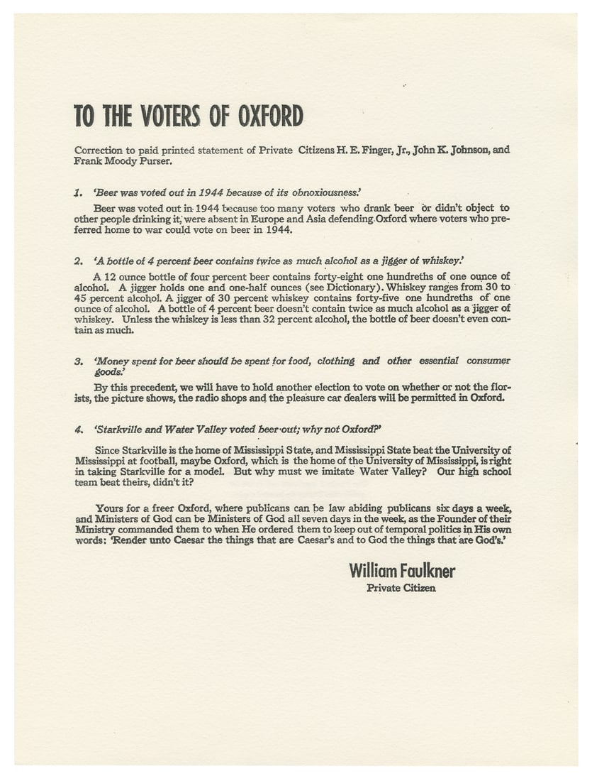 FAULKNER, William (1897–1962). To the Voters of Oxford. [Wi... (1 of 2)