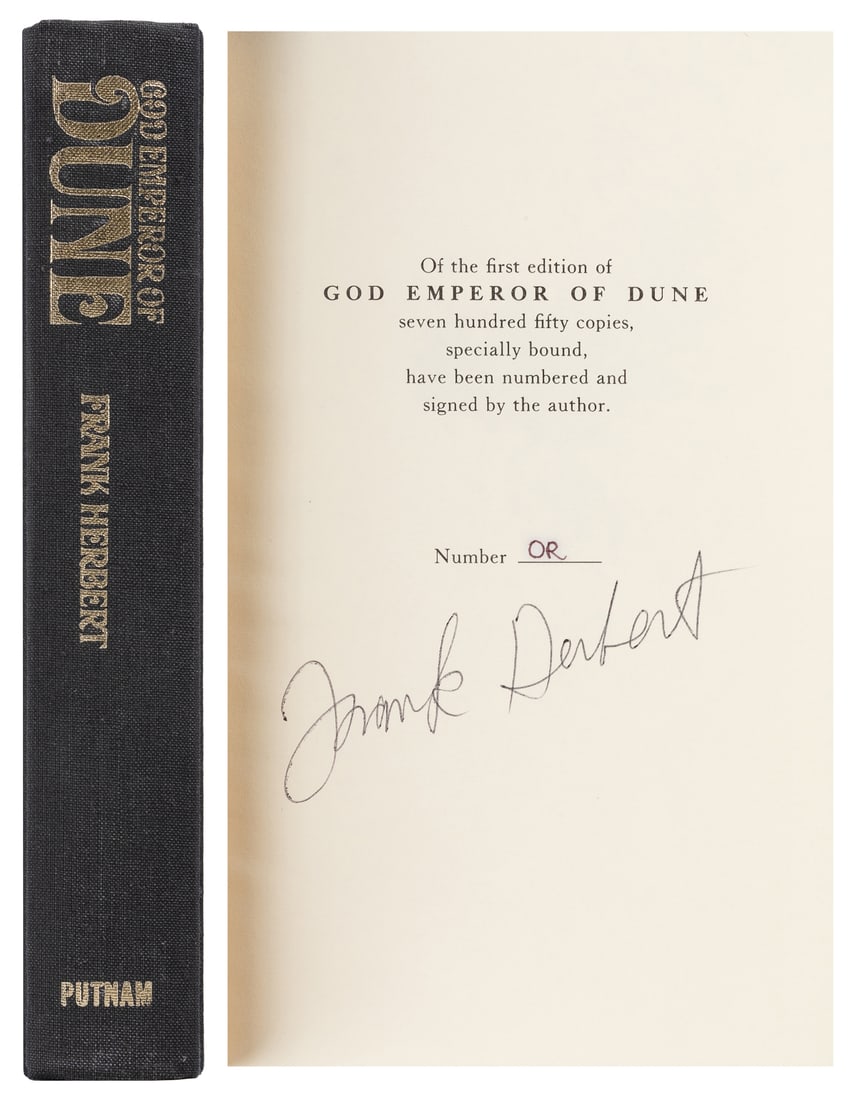 HERBERT, Frank (1920-1986). God Emperor of Dune. New York: ...: HERBERT, Frank (1920-1986). God Emperor of Dune. New York: G. P. Putnam’s Sons, [1981]. 8vo. 411, [1, blank] pp. Publisher’s full black cloth, spine lettered in gilt, publisher’s bla