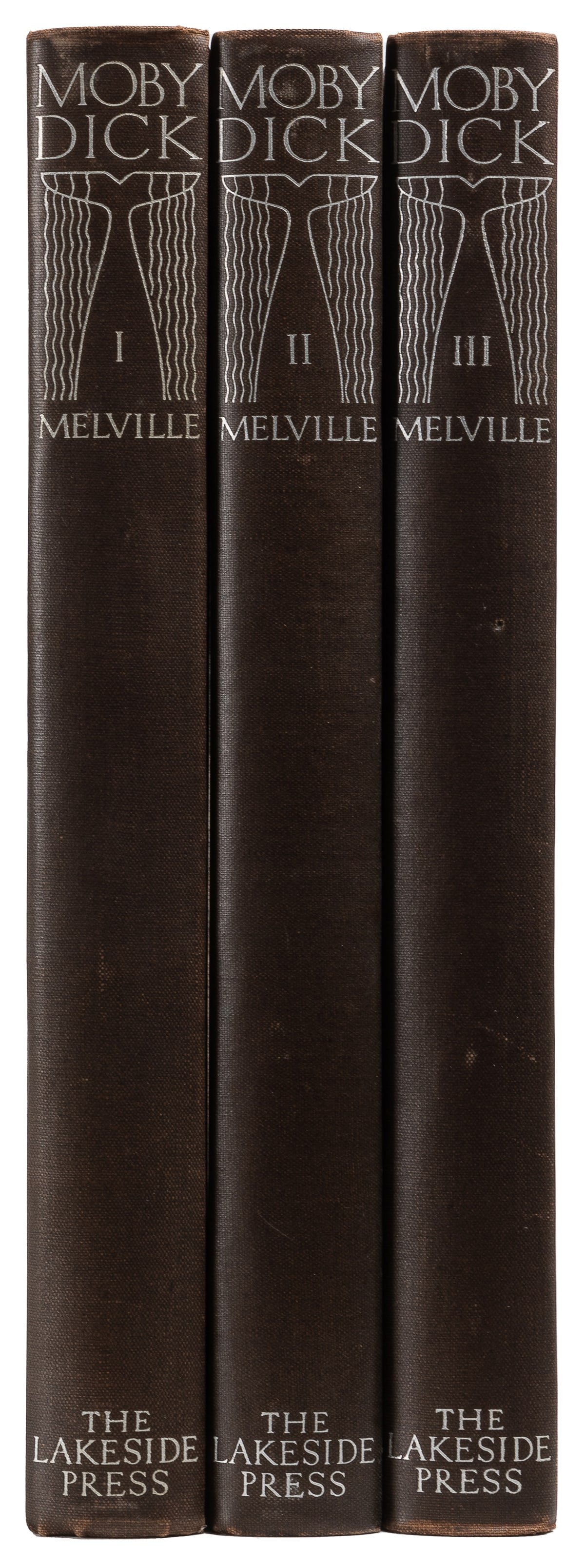 [KENT, Rockwell (1882–1971), illustrator]. MELVILLE, Herman...: [KENT, Rockwell (1882–1971), illustrator]. MELVILLE, Herman (1819–1891). Moby Dick. Chicago: The Lakeside Press, 1930. 4to. 3 volumes. Title vignettes and numerous woodcut illustrations th