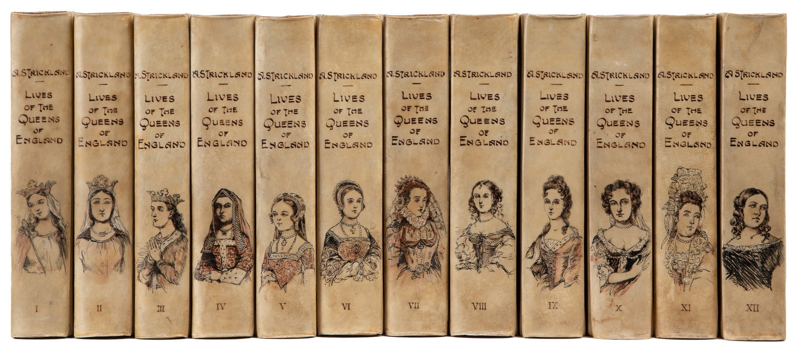 STRICKLAND, Agnes (1796-1874). Lives of the Queens of Engla...: STRICKLAND, Agnes (1796-1874). Lives of the Queens of England, from the Norman Conquest; with Anecdotes of Their Courts… London: Henry Colburn, 1844. 8vos. Illustrated with engraved title-pages 