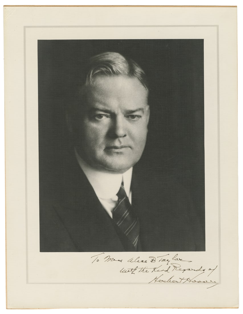 HOOVER, Herbert (1874-1964). Inscribed Photograph. [N.p., c...: HOOVER, Herbert (1874-1964). Inscribed Photograph. [N.p., ca. 1930s-1940s]. Black and white portrait photograph of Hoover (a later print of a photo most likely taken during the 1920s) with a linen fin
