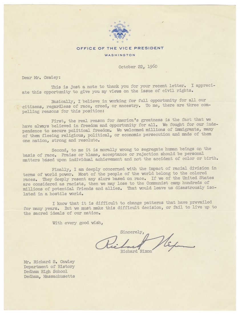 NIXON, Richard (1913-1994). Typed Letter Signed as Vice Pre... (1 of 1)