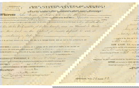 POLK, James K. (1795-1845). Land Grant with Polk’s Secretar...: POLK, James K. (1795-1845). Land Grant with Polk’s Secretarial Signature. Washington, D. C., October 1, 1845. Partially printed document on vellum for Peter Nelson of La Salle County, Illinois for s
