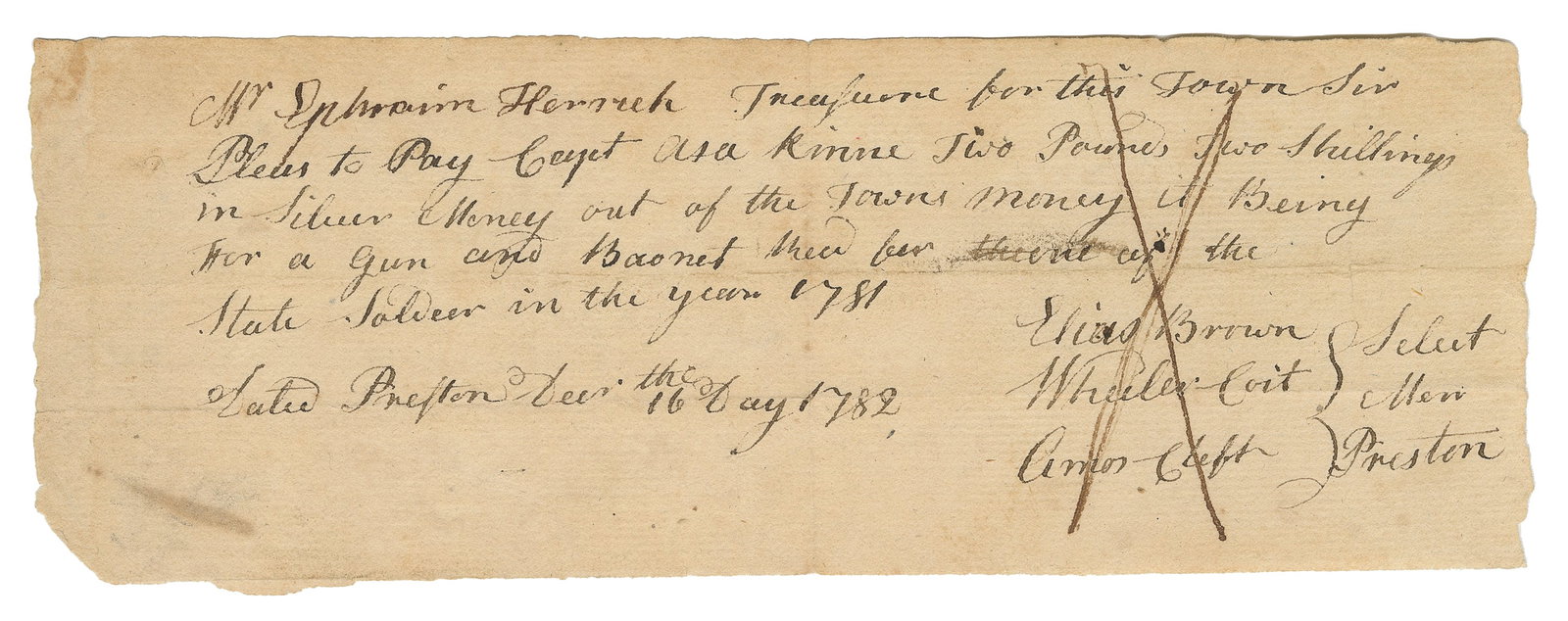 [REVOLUTIONARY WAR]. Revolutionary War Pay Receipt for a Gu...: [REVOLUTIONARY WAR]. Revolutionary War Pay Receipt for a Gun and Bayonet for Soldier Asa Kinne. [Connecticut: Dec. the 16 Day 1782]. Manuscript slip on laid paper. Signed with an “X” over 