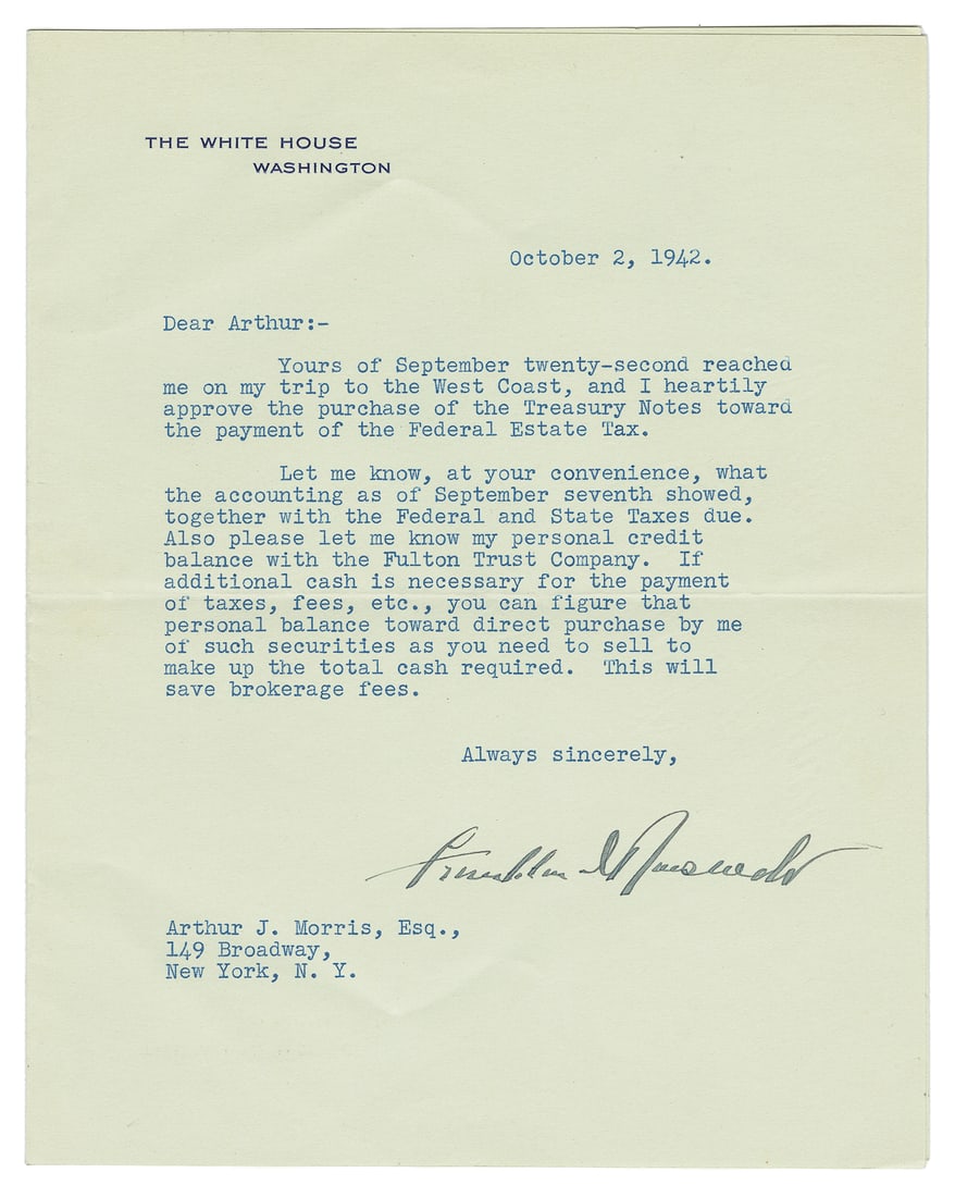 ROOSEVELT, Franklin Delano (1882-1945). Typed Letter Signed... (1 of 2)