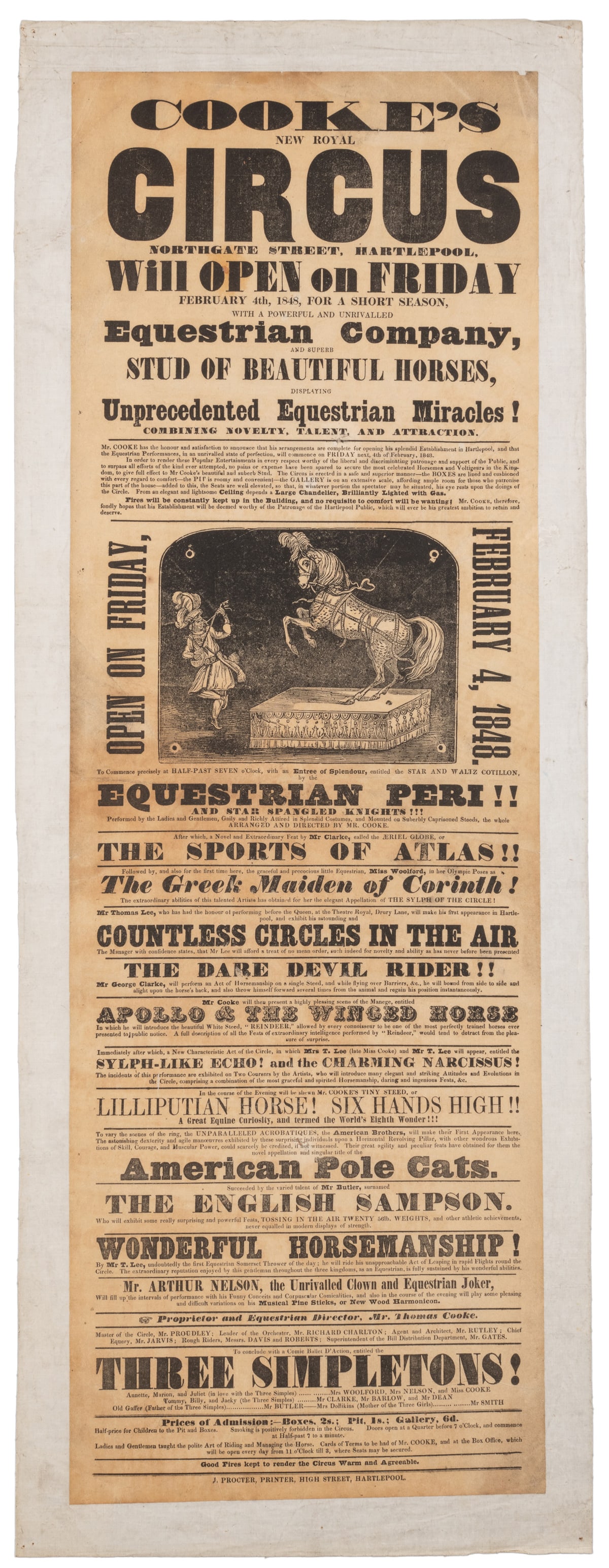 [CIRCUS]. Cooke’s New Royal Circus. Hartlepool: J. Procter,...: [CIRCUS]. Cooke’s New Royal Circus. Hartlepool: J. Procter, 1848. One-color pictorial broadside advertising a season-opening performance of this historic circus helmed by English showman, Thomas