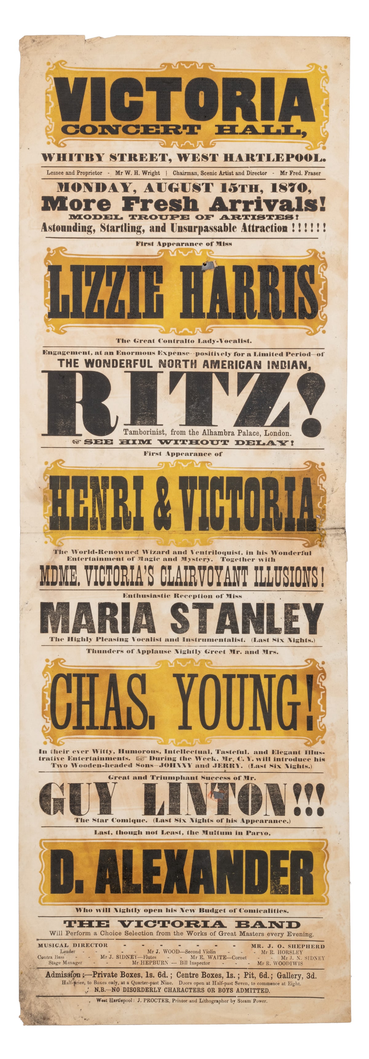 [FEMALE IMPERSONATOR]. [MENTALIST]. [MUSIC HALL]. Two Broad...: [FEMALE IMPERSONATOR]. [MENTALIST]. [MUSIC HALL]. Two Broadsides for Variety Shows at the Victoria. Includes: Two-color letterpress broadside, in yellow and black ink with decorative typefaces, advert