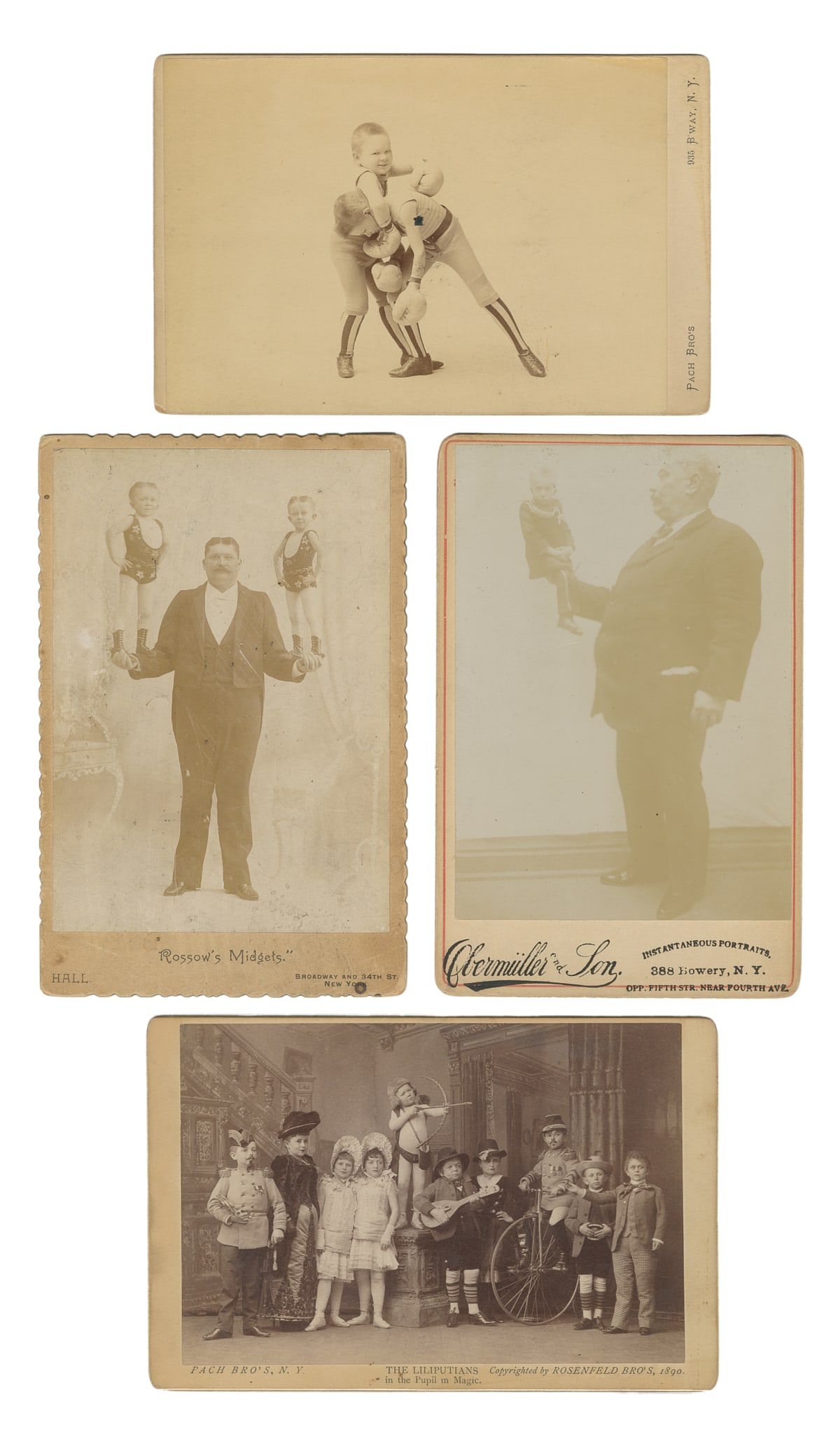 [LITTLE PEOPLE]. Four cabinet cards of a Lilliputian troupe...: [LITTLE PEOPLE]. Four cabinet cards of a Lilliputian troupe and other performers. New York, ca. 1890s. Including two portraits of the Rosenfeld Lilliputians, one full cast, and one of a theatrical box