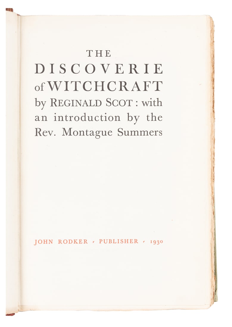 SCOT, Reginald (c. 1538-1599). The Discoverie of Witchcraft...: SCOT, Reginald (c. 1538-1599). The Discoverie of Witchcraft. Bungay: John Rodker, 1930. Quarter dark red morocco over green cloth, titles gilt stamped. LIMITED EDITION number 48 of 1,275 copies produc