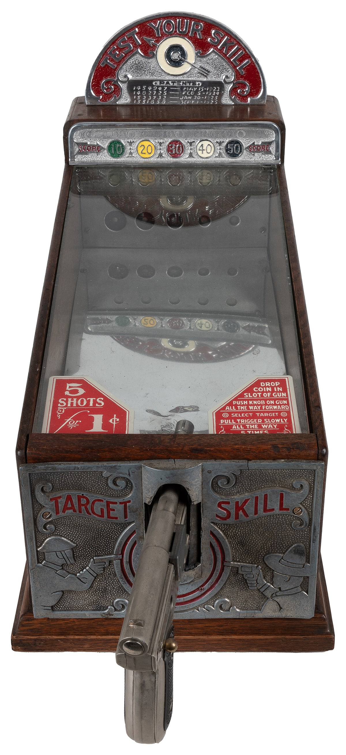 A.B.T. Mfg. Target Skill 1 Cent Shooting Gallery Countertop...: A.B.T. Mfg. Target Skill 1 Cent Shooting Gallery Countertop Arcade Game. Chicago, ca. 1930s. Five shots for a penny – the player aims for five targets arranged from largest to smallest equaling