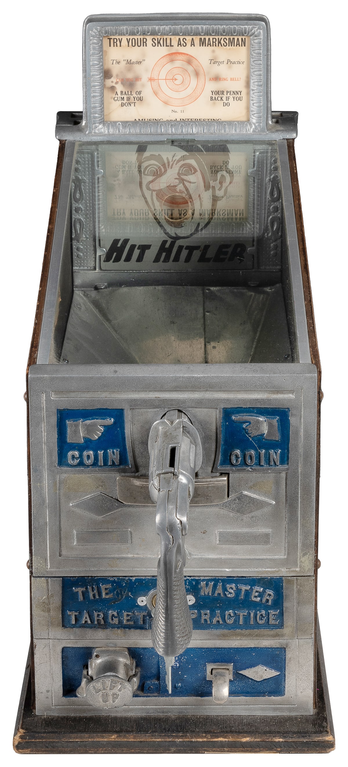 Star Vending “Hit Hitler” Shooting Gallery 1 Cent Arcade Ma...: Star Vending “Hit Hitler” Shooting Gallery 1 Cent Arcade Machine. Circa 1940s. Wooden, cast aluminum, and glass countertop shooting gallery with a target of Hitler applied at end of the ca
