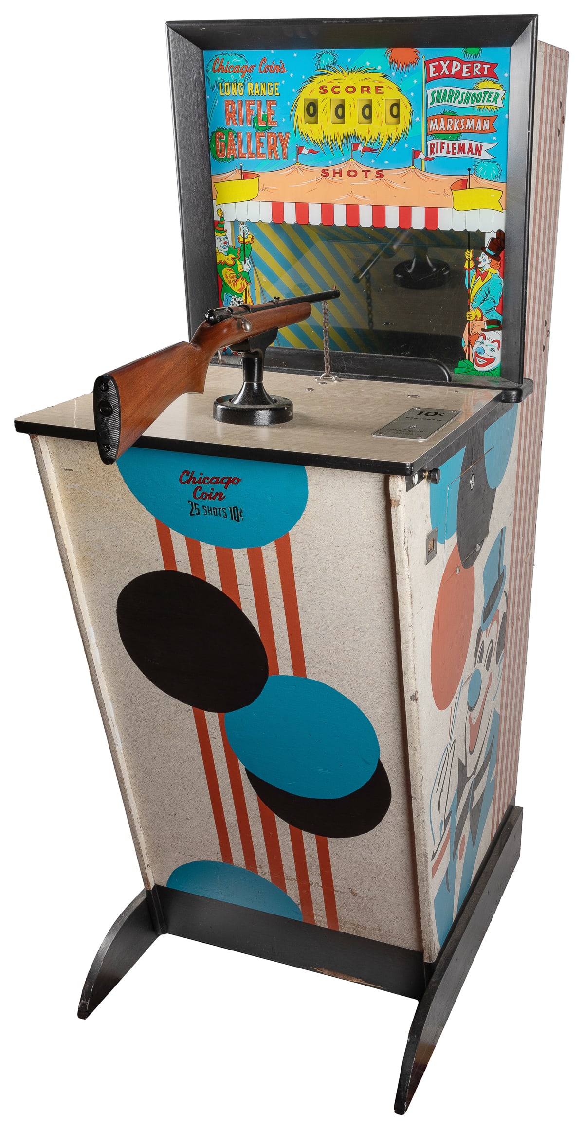 Chicago Coin’s Long Range Rifle Gallery 10 Cent Stand-Up Ar...: Chicago Coin’s Long Range Rifle Gallery 10 Cent Stand-Up Arcade Game. Chicago: Chicago Coin, ca. 1961. Full-size arcade game with painted wooden cabinet, glass-fronted target area and scoreboard