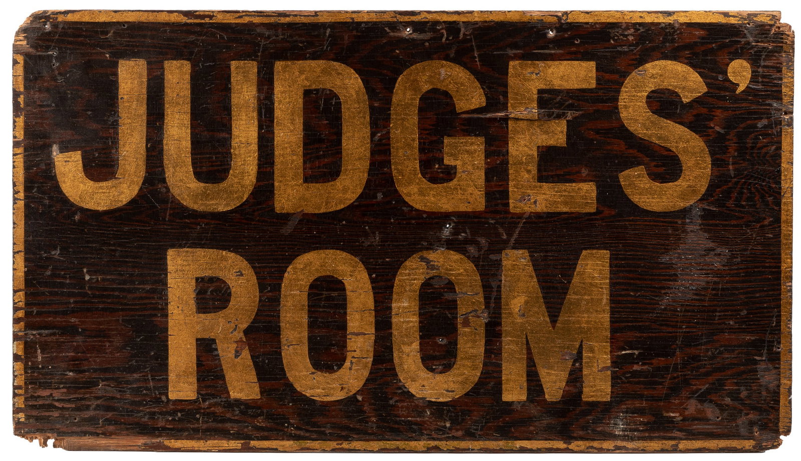 Judges’ Room Painted Wooden Sign. Circa 1900s-20s. Stencil ...: Judges’ Room Painted Wooden Sign. Circa 1900s-20s. Stencil painted in gilt and varnished on thin board. 11 ¾ x 21”. Scattered chipping, splintering, and paint loss.