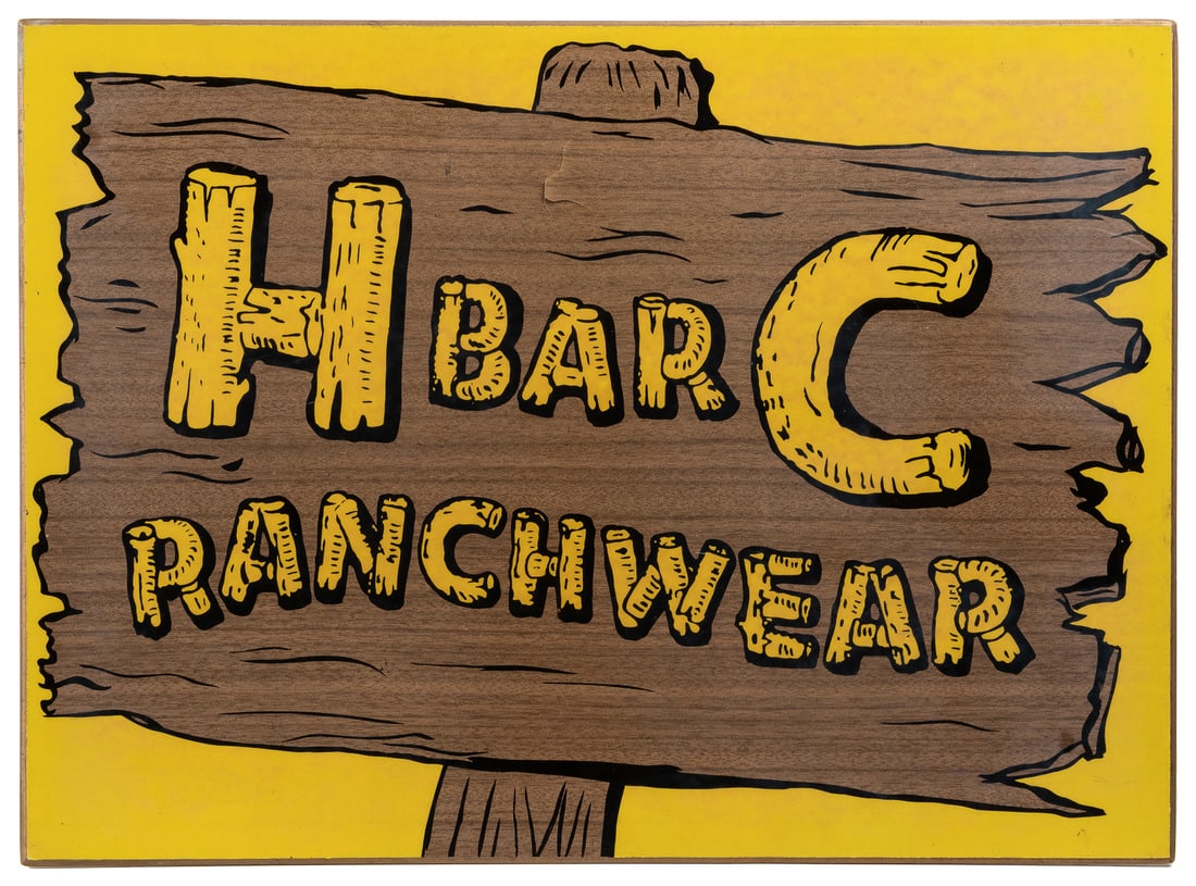 H Bar C Ranchwear Store Sign. 1950s. An attractive in-store...: H Bar C Ranchwear Store Sign. 1950s. An attractive in-store pressed composition gloss finish advertising piece for H-BAR-C Ranchwear. 12 ¼ x 15”. Typical edge wear, crazing to the original 