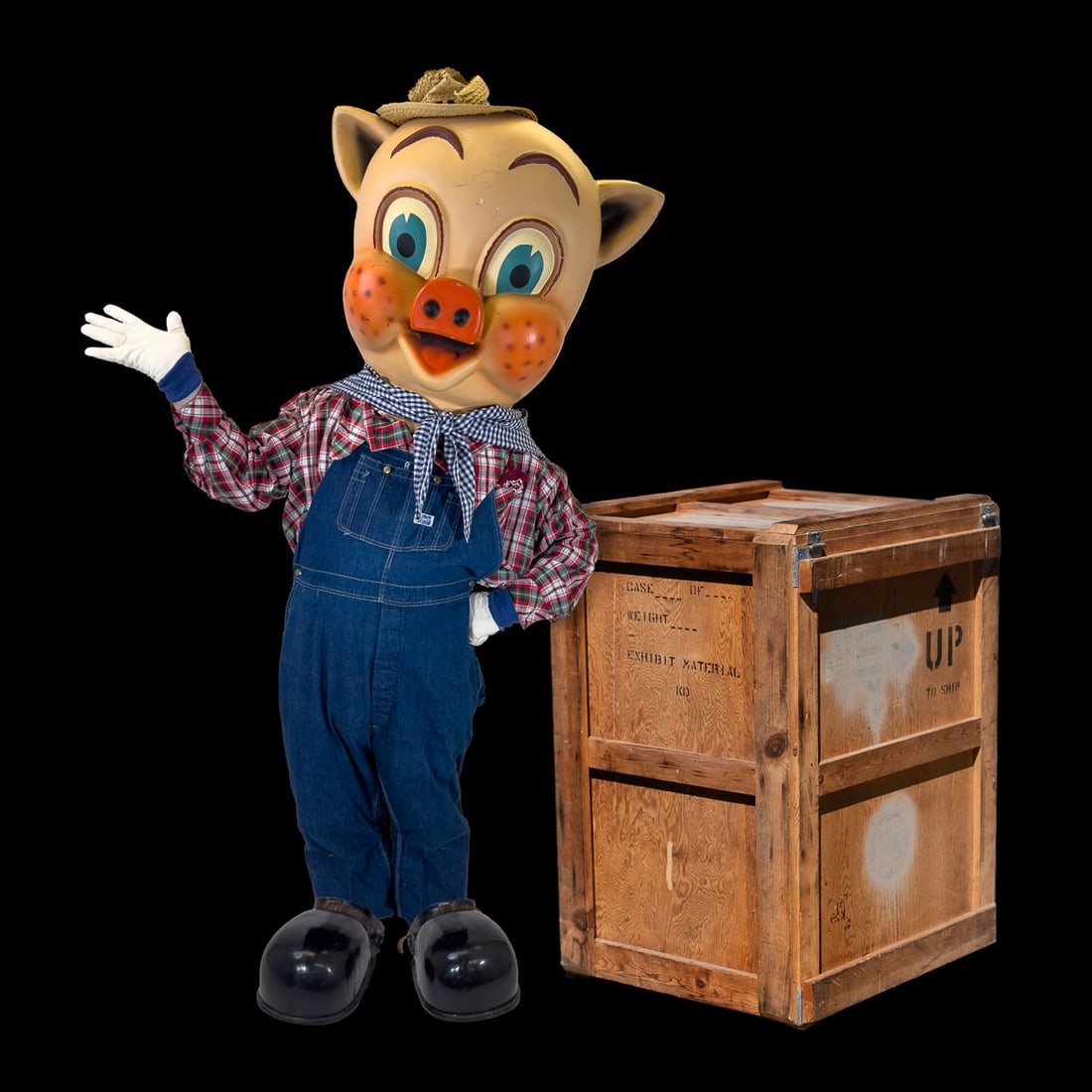 A 1950s Piggly Wiggly Promotional Costume with Crate. A ful...: A 1950s Piggly Wiggly Promotional Costume with Crate. A full Piggly Wiggly character costume used for special event personal appearances in the 1950s. When a new Piggly Wiggly store would open across 