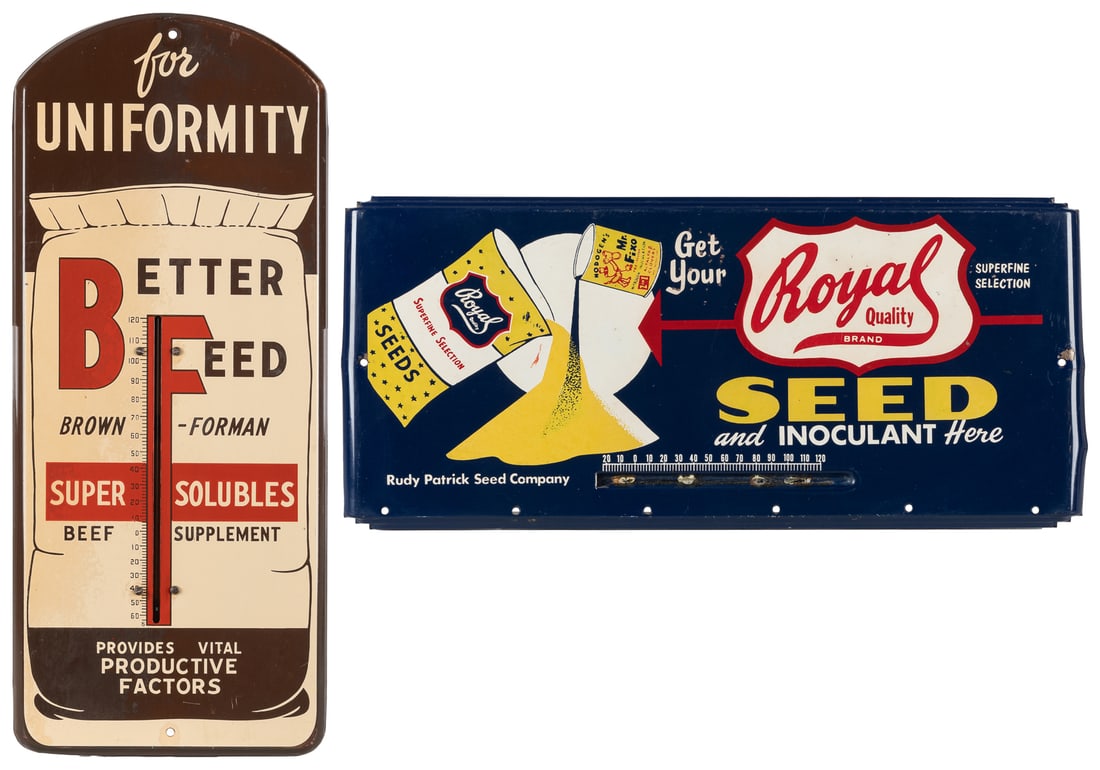 Two Agricultural Tin Advertising Thermometers. Brown Forman... (1 of 5)
