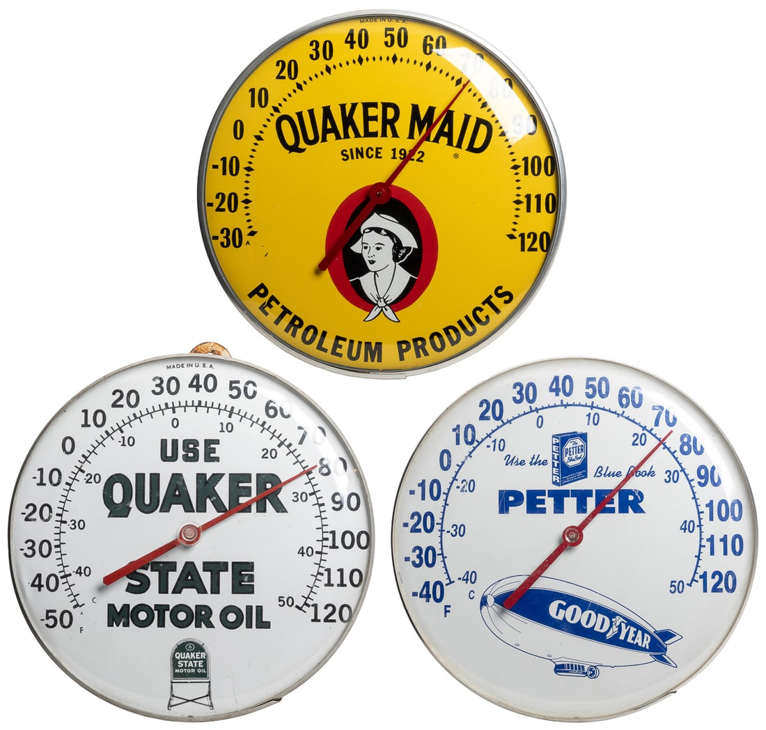 Two Advertising Dial Thermometers. Two round Pam style alum... (1 of 4)