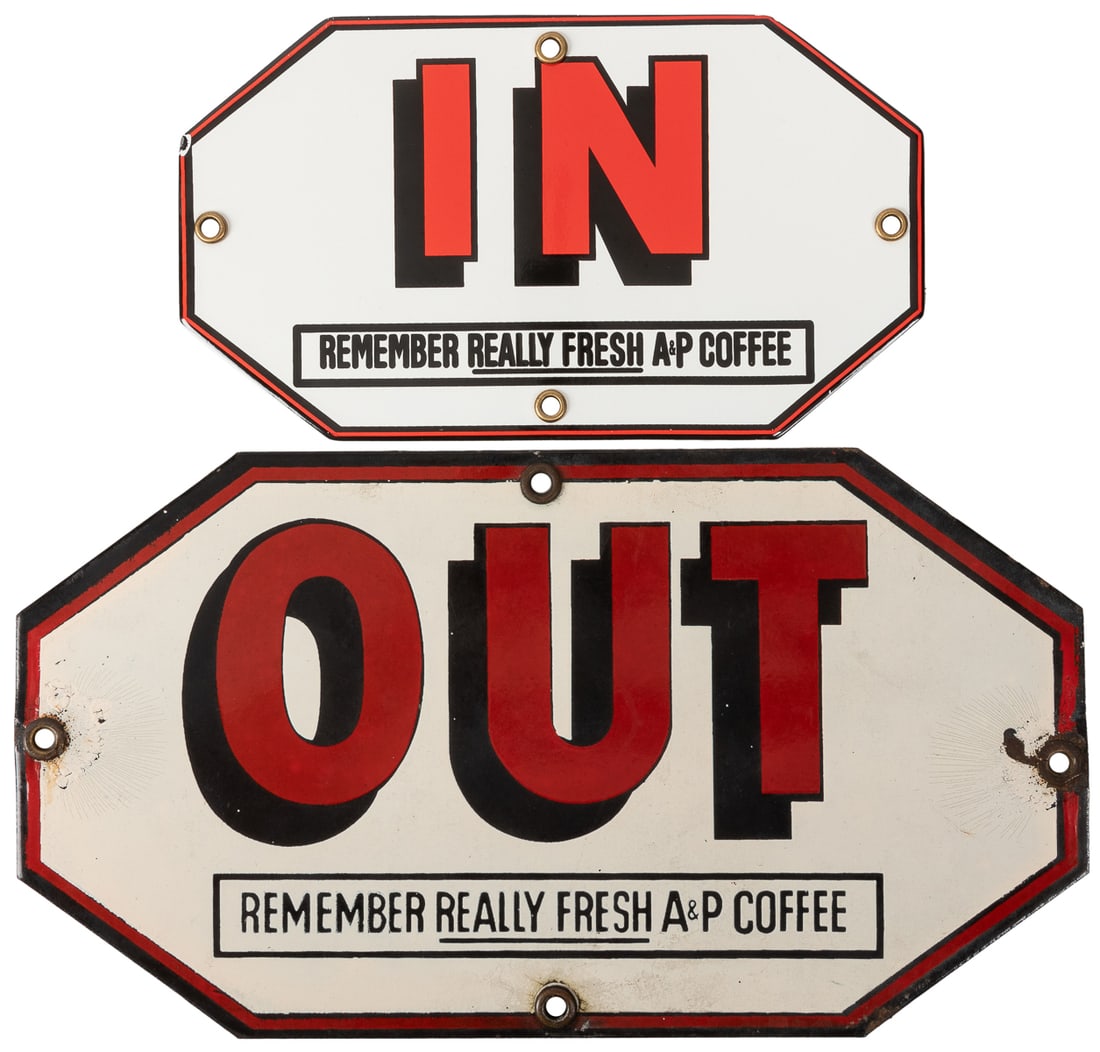 Pair of A& P Coffee “In” and “Out” Door Push Signs. Two sin... (1 of 1)