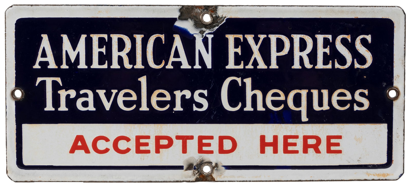 American Express Travelers Cheques Accepted Here Sign. Sing...: American Express Travelers Cheques Accepted Here Sign. Single-sided porcelain (SSP) sign with grommets. Stamped verso “Form 1863 18/34 Made in U.S.A.” Areas of loss around top and bottom m