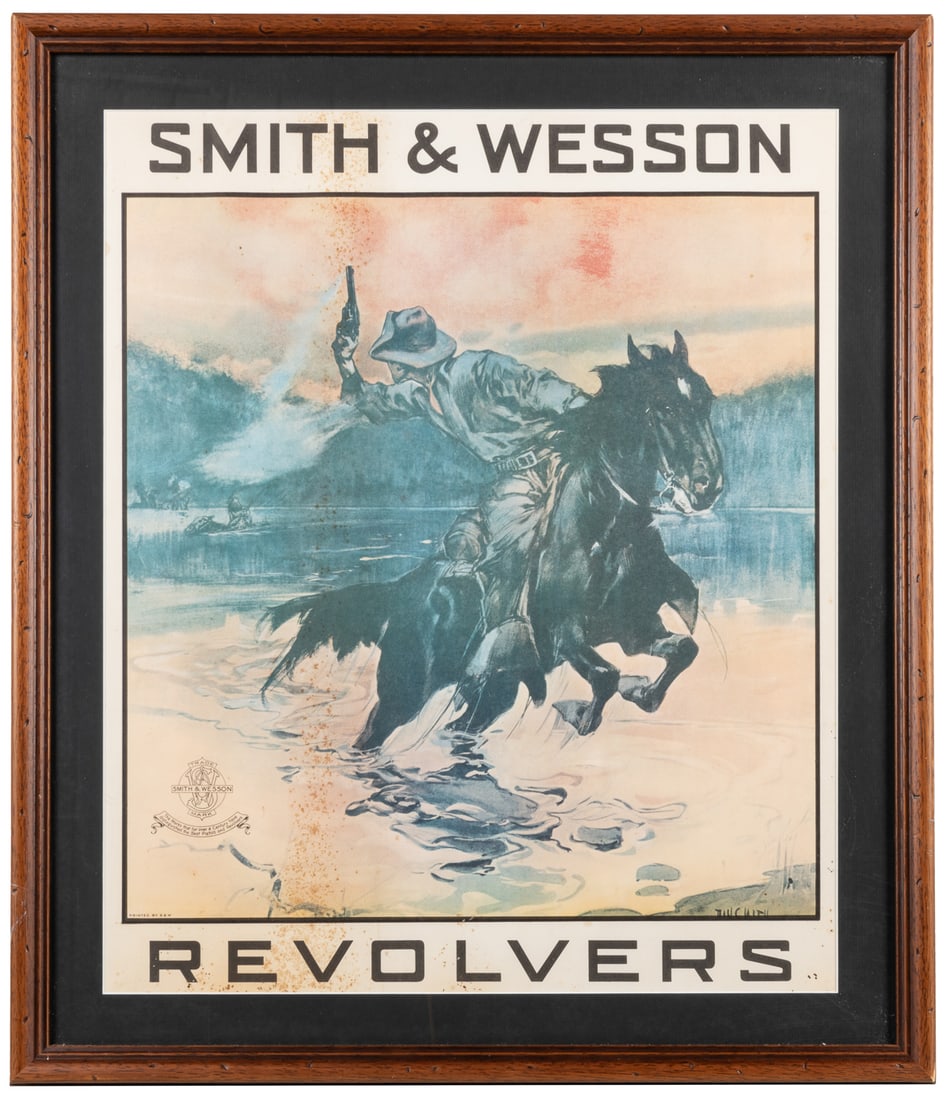 Smith & Wesson Revolvers “The Hostile” Advertising Poster. ...: Smith & Wesson Revolvers “The Hostile” Advertising Poster. Printed by S & W, early - mid 20th century. Color lithograph advertisement poster for the gun manufacturer depicting a Western sc
