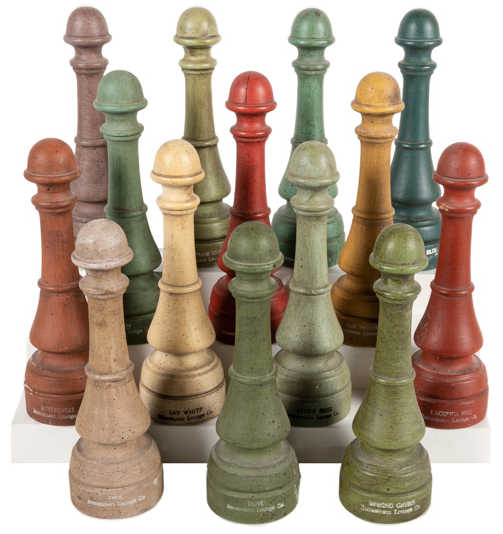 Jamestown Lounge Co. Furniture Color Sample Set. Fourteen p...: Jamestown Lounge Co. Furniture Color Sample Set. Fourteen painted turned wooden pieces representing paint options including Antique Green, Spring Green, Pink, Cerulean Blue, and others. Marked at base