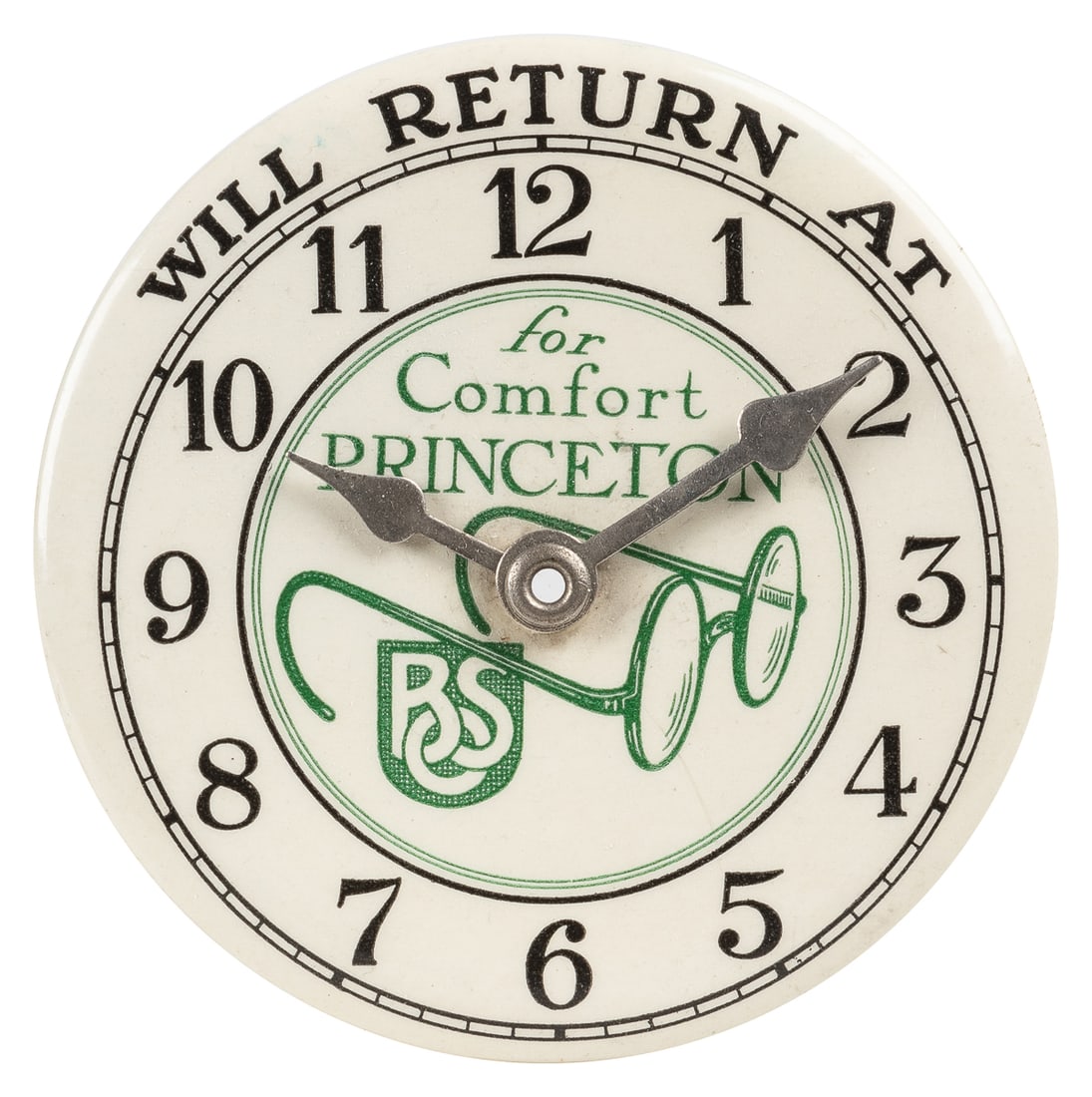 Optometrist “Will Return At” Celluloid Clock Sign Button. C... (1 of 1)