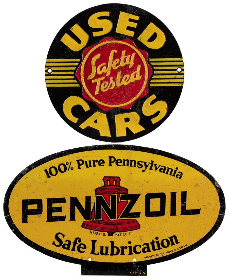 Two Signs. Pennzoil / Used Cars. Two rounded signs includin... (1 of 5)