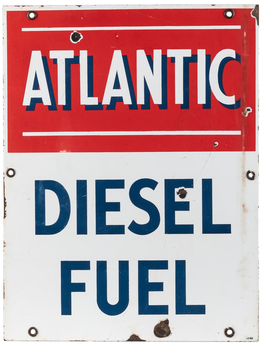 Atlantic Diesel Fuel Porcelain Sign. [Circa mid twentieth c...: Atlantic Diesel Fuel Porcelain Sign. [Circa mid twentieth century]. Single sided porcelain (SSP) sign in red, white, and blue. Marked [52] lower right. 17 x 13”. Several spots of enamel loss; sc