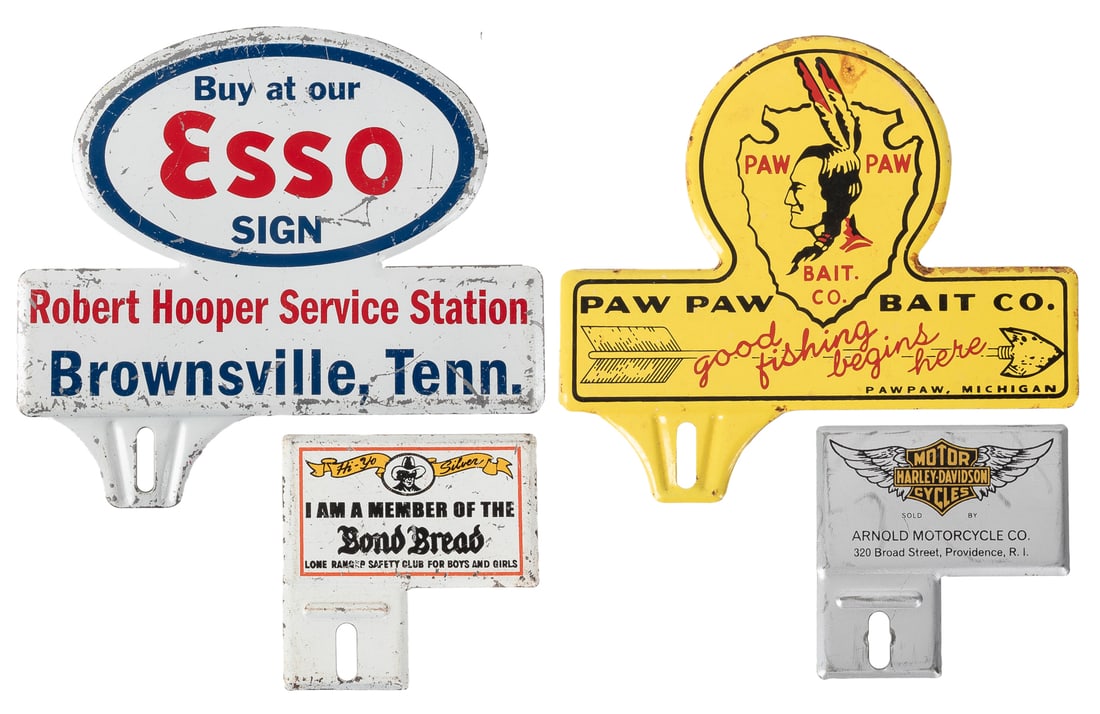 Group of 4 Die-Cut License Plate toppers. Group of four die...: Group of 4 Die-Cut License Plate toppers. Group of four die-cut single-sided tin (SST) license plate toppers including: Paw Paw Bait Co. / Good fishing begins here. – Esso Gasoline / Robert Hoop
