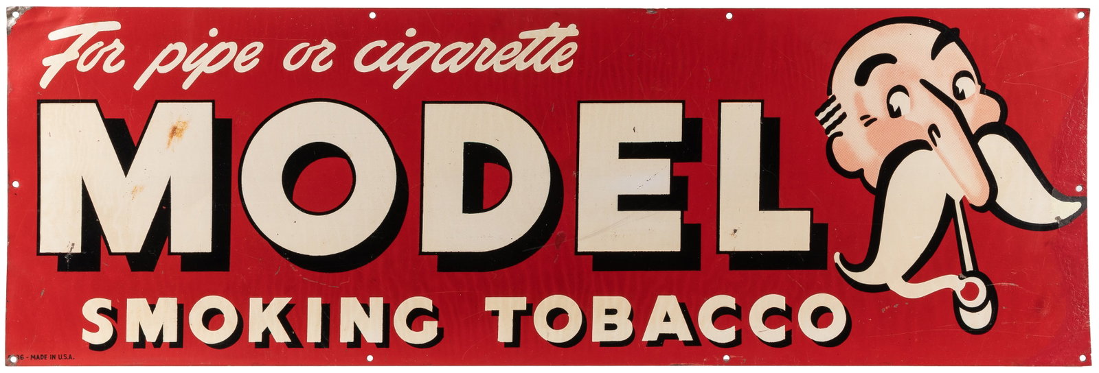 Model Smoking Tobacco / For pipe or cigarette. Circa 1940s/...: Model Smoking Tobacco / For pipe or cigarette. Circa 1940s/50s. Single sided tin (SST) sign advertisement, lithographed with logo. Maker marked 523-[E]. 11 ¼ x 34”. Overpainting on the righ