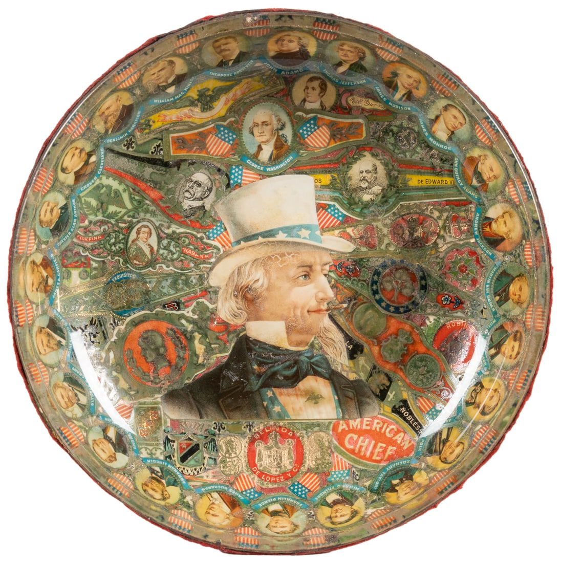 Patriotic Uncle Sam Cigar Band Tray. Circa 1910s. Glass cig... (1 of 2)