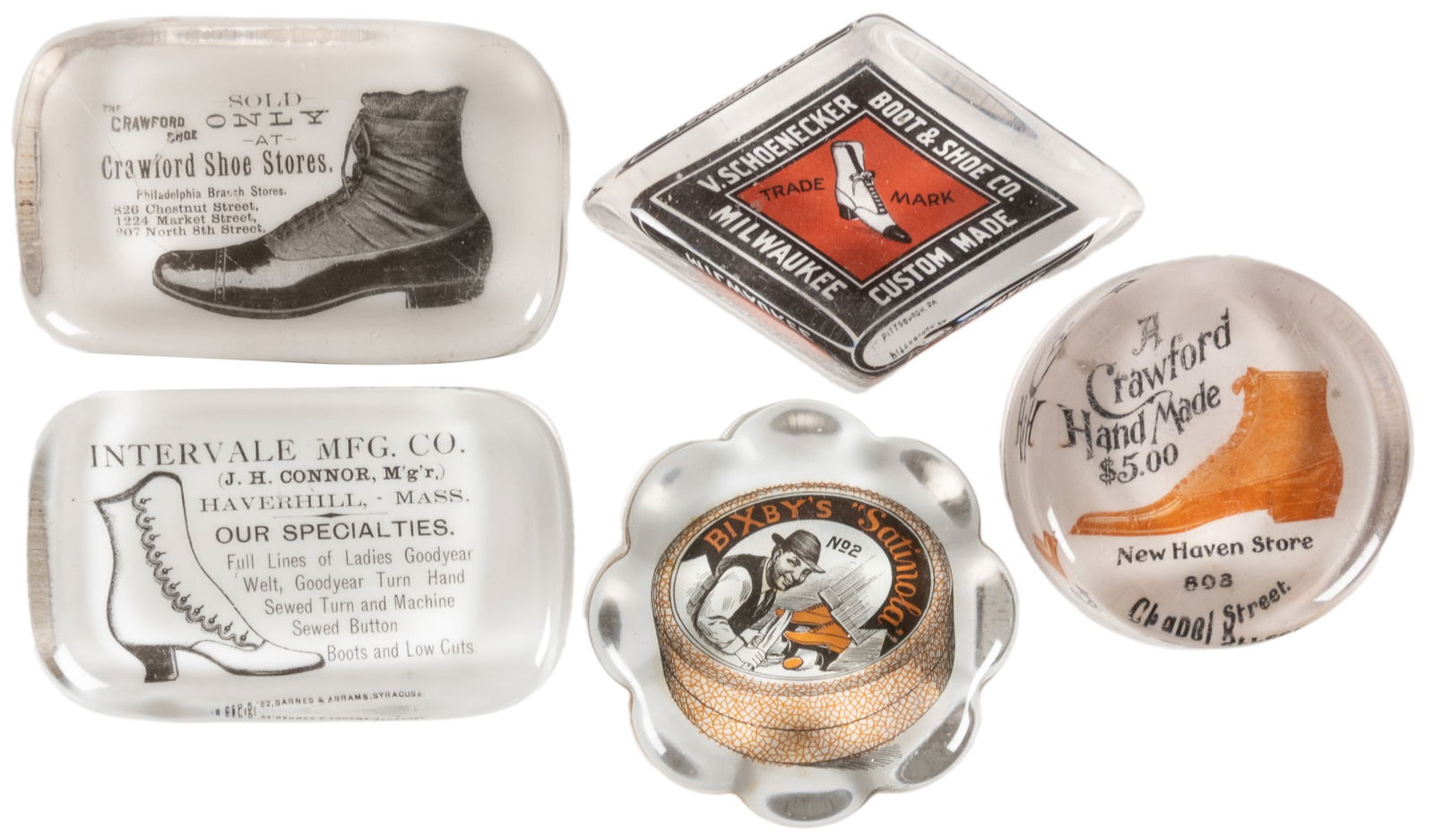 [PAPERWEIGHTS]. Group of 5 Advertising Paperweights for Sho... (1 of 1)