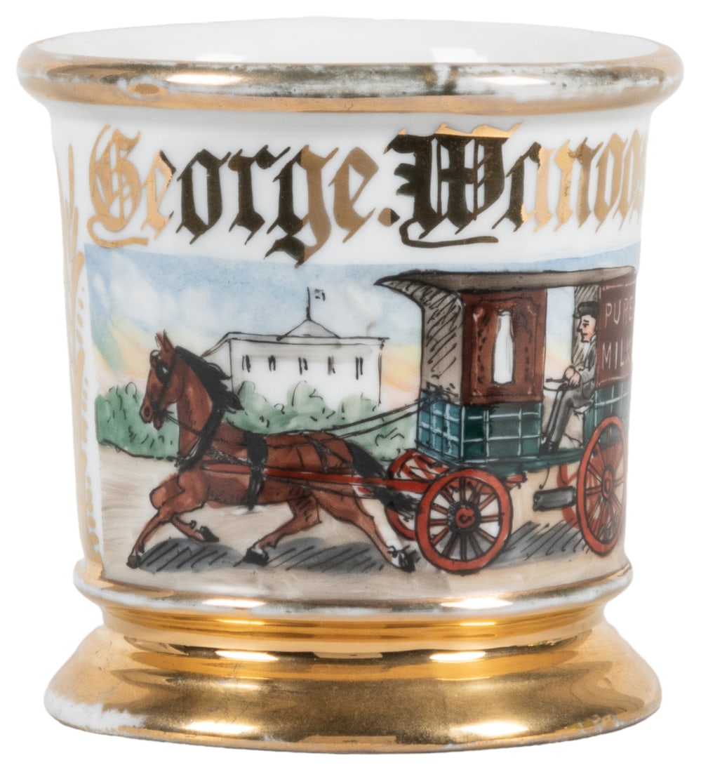 Horse-Drawn Milk Man Shaving Mug. Gilt painted porcelain, l... (1 of 2)