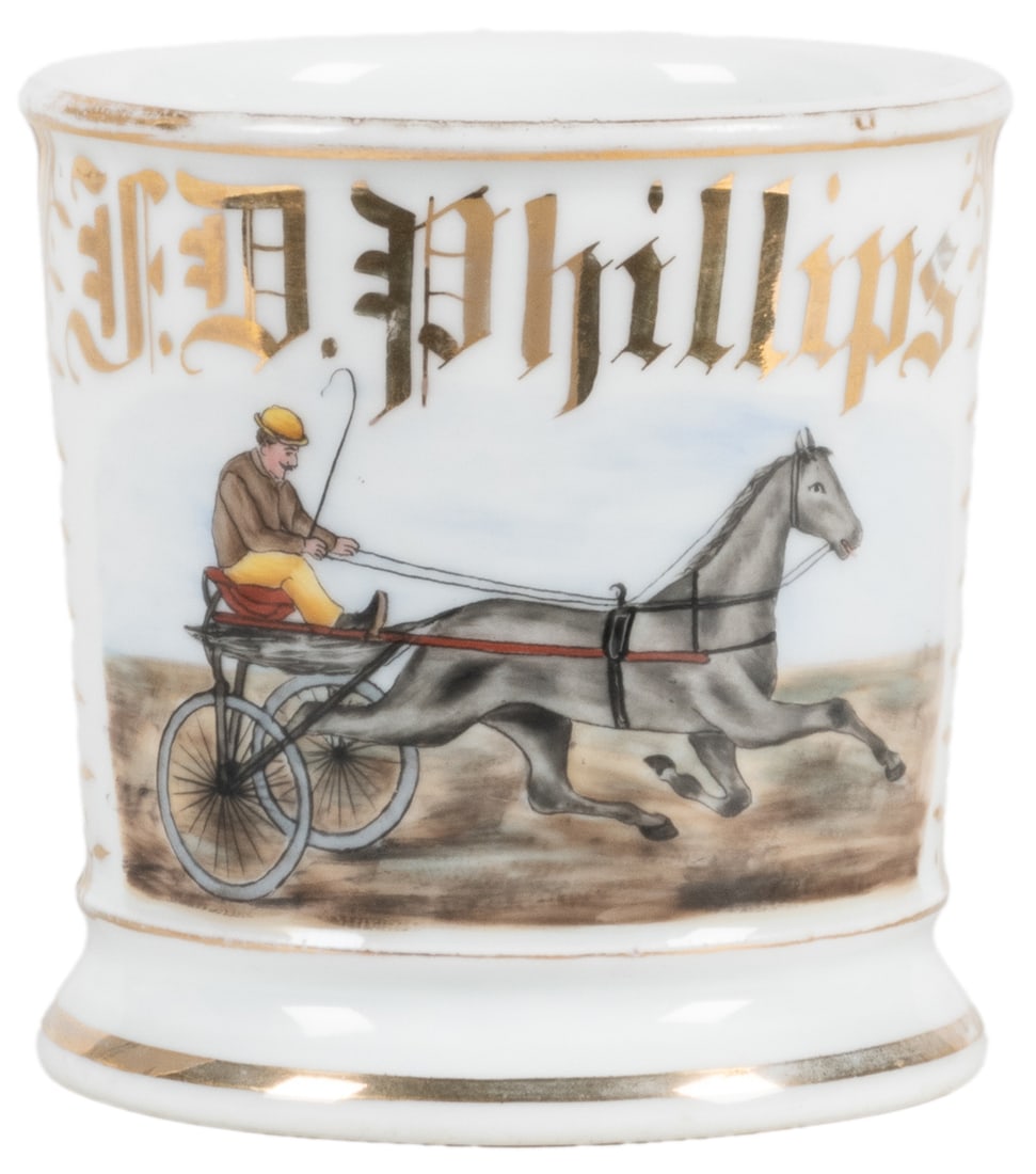Horse and Sulky Shaving Mug. Gilt painted porcelain, letter... (1 of 2)