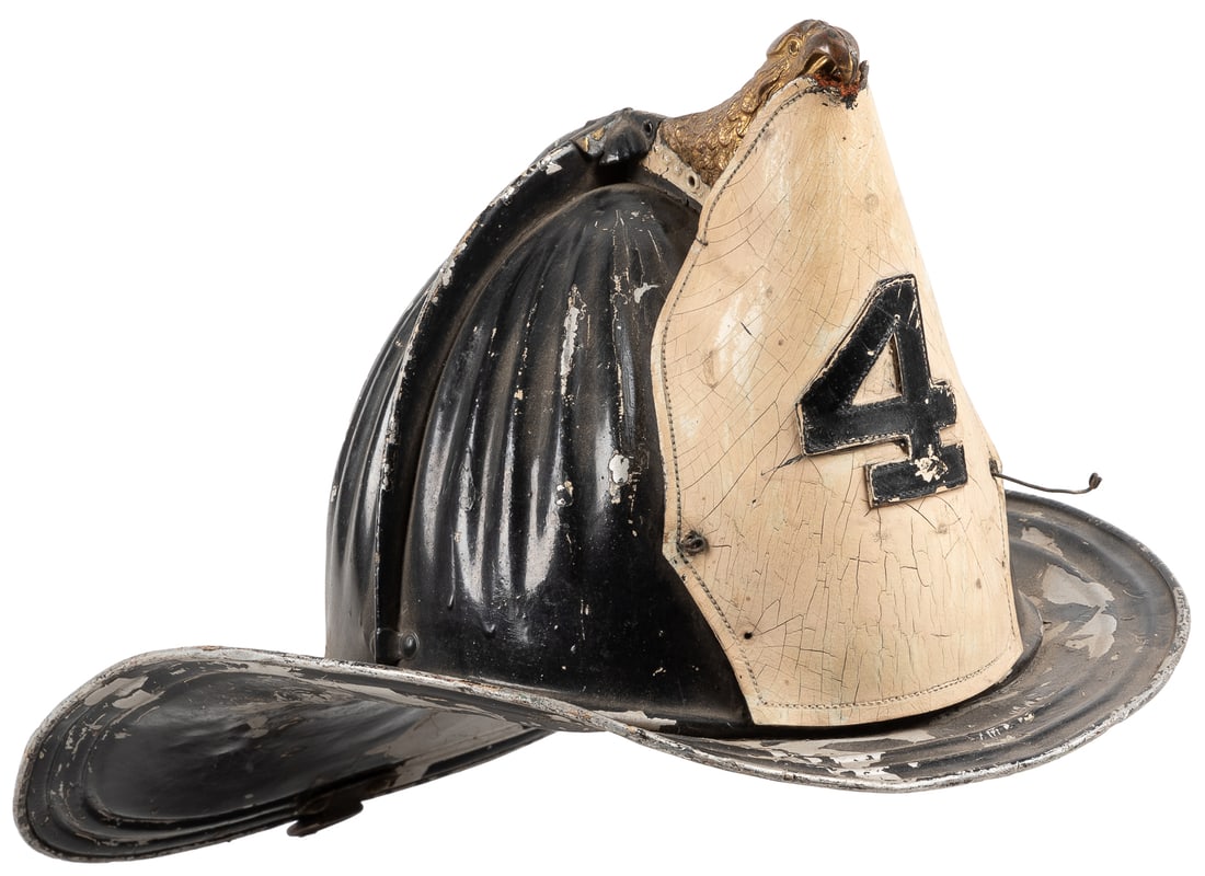 Cairns & Brother Firefighter Helmet. New York: Cairns & Bro...: Cairns & Brother Firefighter Helmet. New York: Cairns & Brother. Metal helmet with eagle ornament mounted at front, leather #4 front shield. Patent # 1575251 on inner label; with metal manufacturer