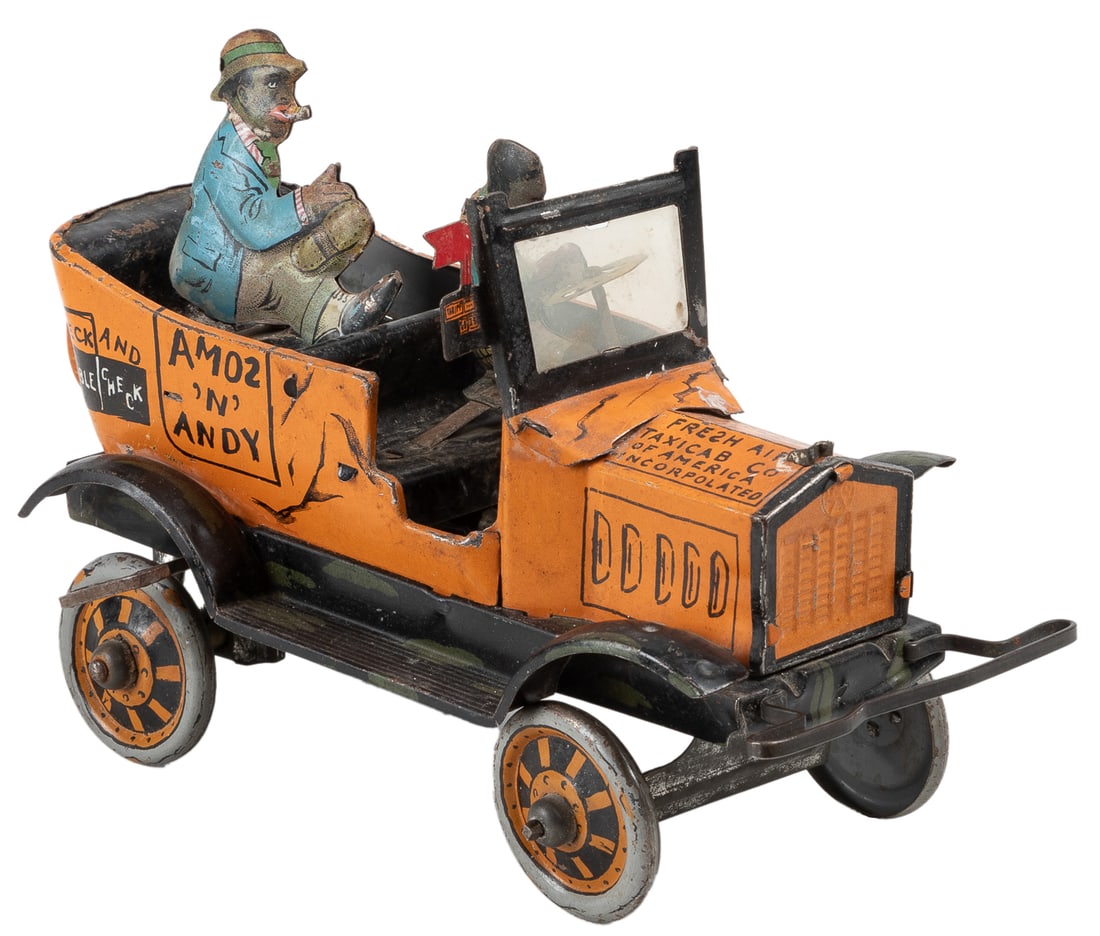 Amos ‘N Andy Fresh Air Taxicab Wind-Up Car. New York: Louis...: Amos ‘N Andy Fresh Air Taxicab Wind-Up Car. New York: Louis Marx & Co., ca. 1930. Tin lithograph windup toy car featuring the minstrel characters Amos and Andy. Length 8”. Surface wear; ar