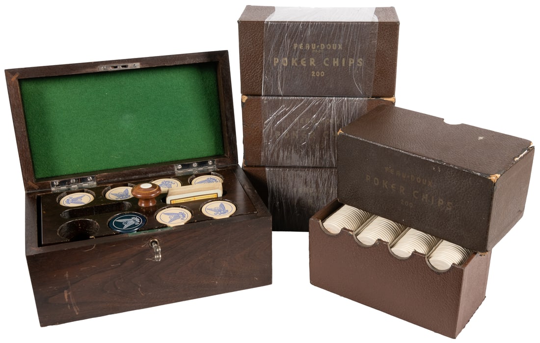 Cased Oak Poker Chip Set and 4 Boxes of Composition Chips. ...: Cased Oak Poker Chip Set and 4 Boxes of Composition Chips. Eight–column caddy having a wooden handle set with mother of pearl, two slots for playing cards. With approximately 200 clay poker chip