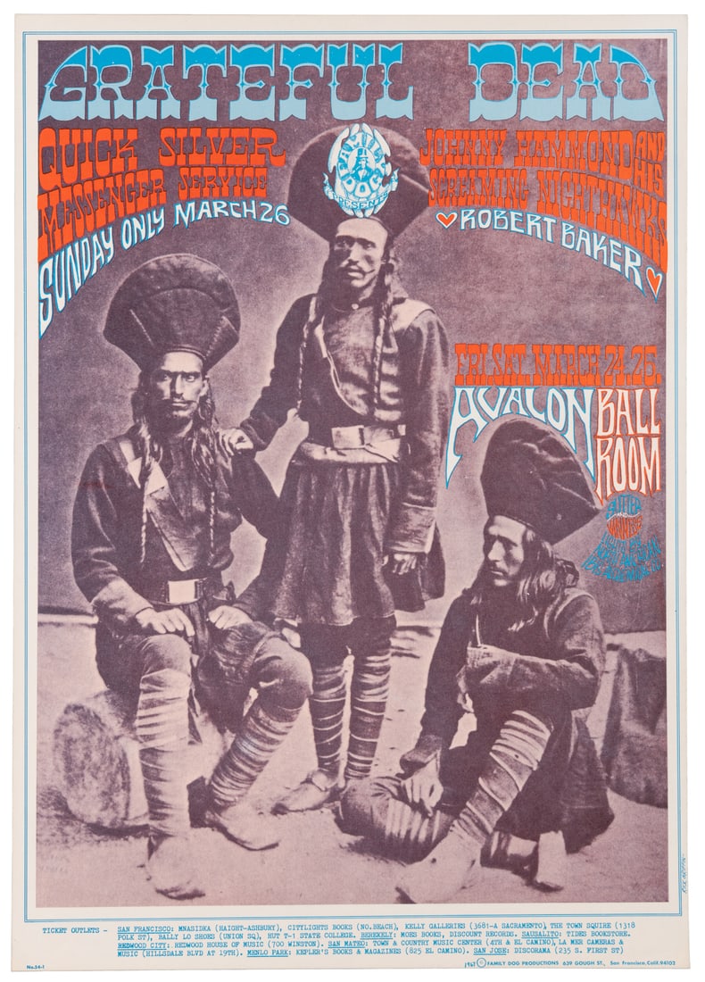 Grateful Dead, John Hammond & His Screaming Nighthawks, Rob...: Grateful Dead, John Hammond & His Screaming Nighthawks, Robert Baker, Quicksilver Messenger Service. Poster for 1967 Grateful Dead Concert. The Family Dog, 1967. Avalon Ballroom, March 24, 1967. (FD-5