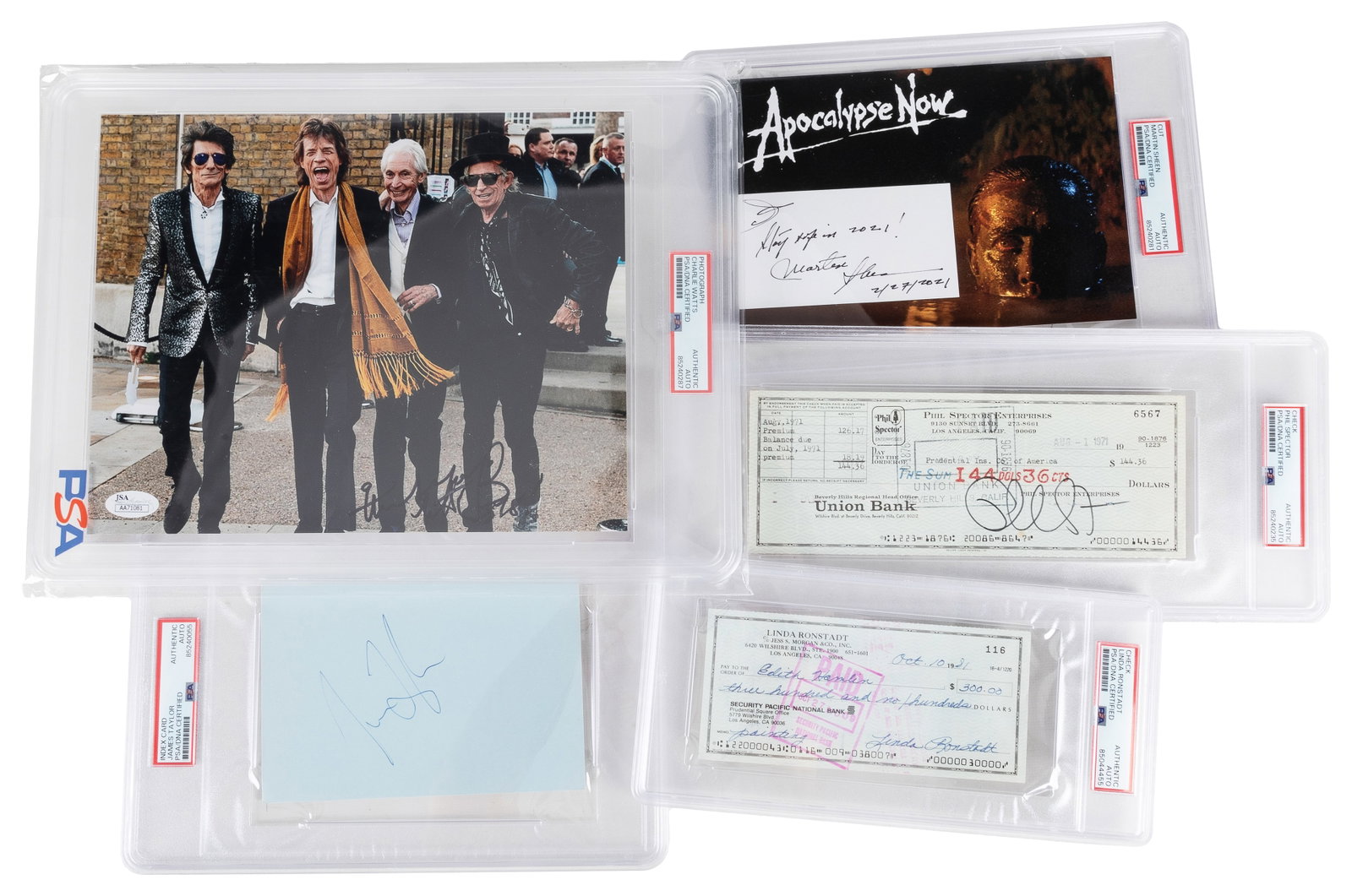 Five Pieces of Signed Music Ephemera.: Five Pieces of Signed Music Ephemera. Lot of five signed pieces of music and film ephemera, each with PSA/DNA Authentication. Including: a contemporary color photograph of the Rolling Stones signed by
