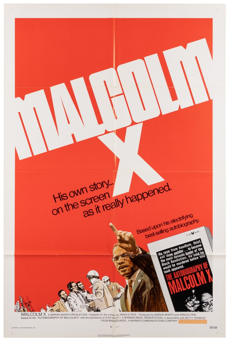 Malcolm X. Warner Bros., 1972. One sheet (41 x 27”). Poster...: Malcolm X. Warner Bros., 1972. One sheet (41 x 27”). Poster for the documentary, narrated by James Earl Jones, based upon The Autobiography of Malcolm X. Folded as issued. Includes pressbook wit