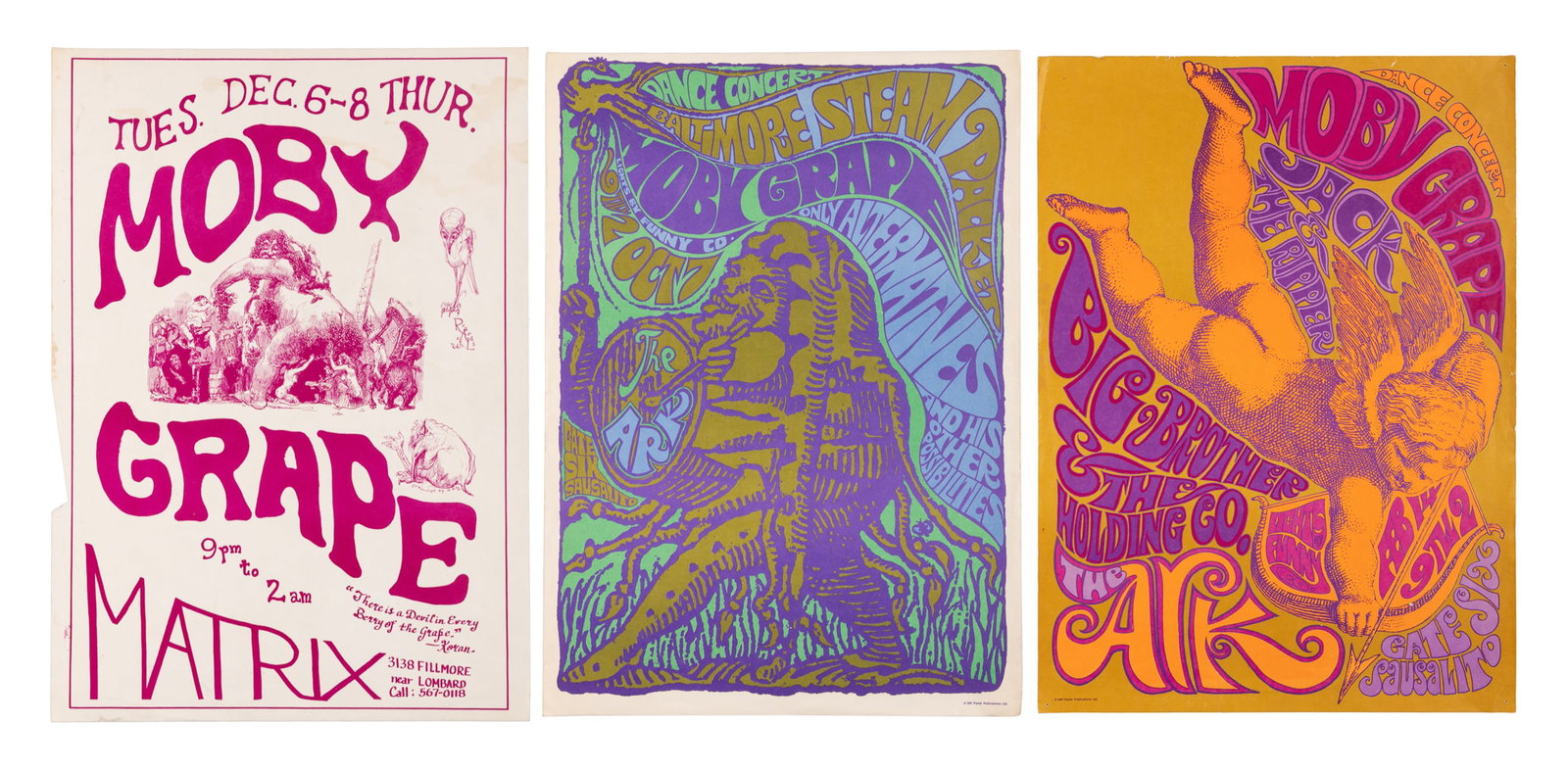 Moby Grape at The Ark or The Matrix. Trio of 1966, 1967 Pos...: Moby Grape at The Ark or The Matrix. Trio of 1966, 1967 Posters for Moby Grape Concerts at The Matrix in San Francisco, and The Ark in Sausalito, including: Poster for Moby Grape at The Ark, Feb. 1967
