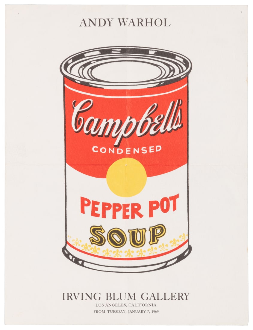 Warhol, Andy. Promotional Handbill on Handmade Paper of the...: Warhol, Andy. Promotional Handbill on Handmade Paper of the January, 1969 Exhibition at the Irving Blum Gallery. Los Angeles, California, Irving Blum Gallery, 1969. Handbill with Campbell’s R